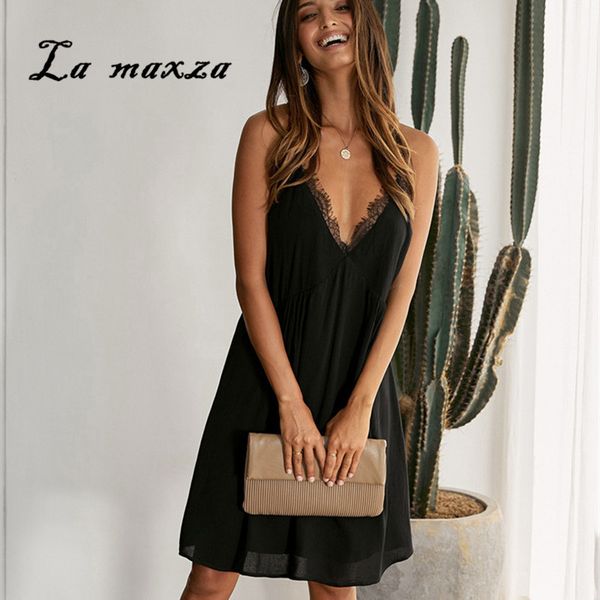 

мода повседневная v-образным вырезом женщины спагетти ремни платье 2020 лето кружева пэчворк свободные мини-платье, Black;gray