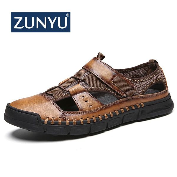 

zunyu 2019 new men sandals leather cowhide men sandals summer quality beach slippers casual sneakers outdoor beach shoes size 46, Black
