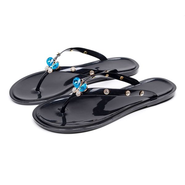 

summer sandals flip-flops women butterfly-knot crystal slides women slippers beach shoes flat slippers outside slippers flats, Black