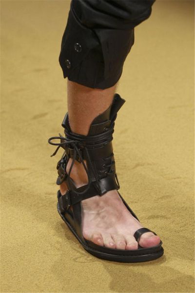 

shoes men sandals genuine leather thong sandals rome style gladiator sandal booties buckle belt lace up sandal boots zapatillas, Black