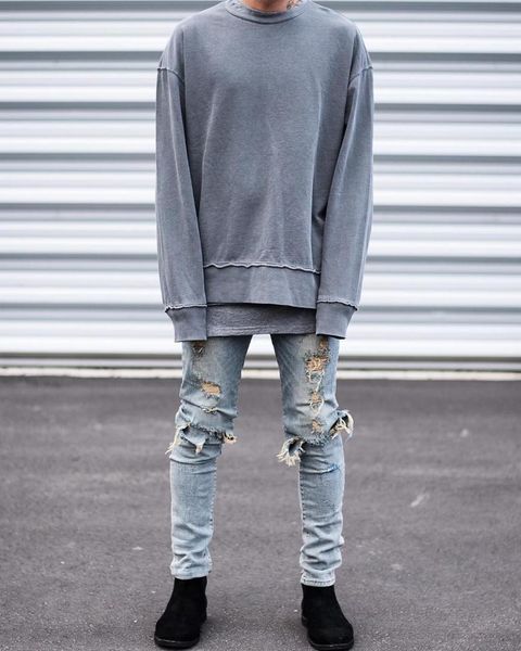 

fog hip hop kanye west harem knee destroy vintage wash jeans slim fit biker trousers ripped skinny denim men track pants, Blue