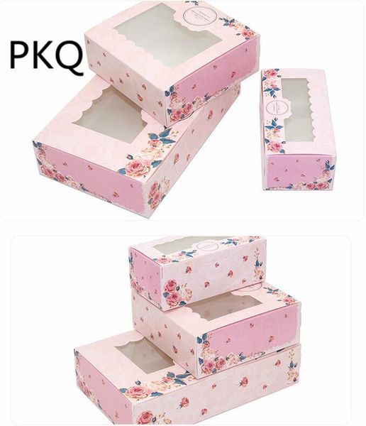

20pcs pink flower cake box paper cupcake box with pvc window cardboard wedding party favor 3 sizes
