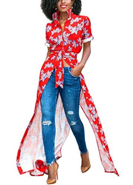 

salimdy women's floral print button down collar neck short sleeve loose long t-shirt blouse dresses, Black;gray