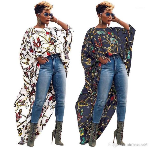 

short front long back fashion blouse short sleeve tees irregular long for female big gold chain printed, White