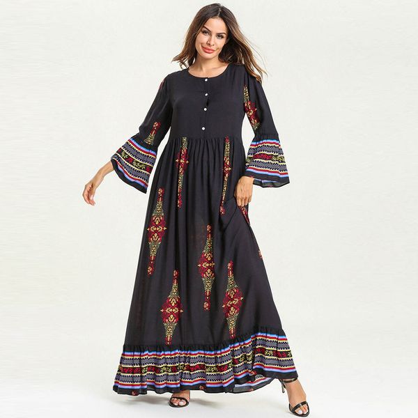 

2019 Hot Women Muslim Printing Loose Long Dress Sleeve Arab Dress Islam Jilbab Cotton O-Neck women Print C30501