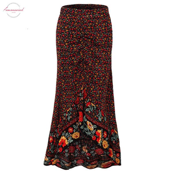 

jaycosin fashion womens floral print skirts summer irregular hem wrinkle ruffles lace long skirt bohemian ankle ladies skirt, Black