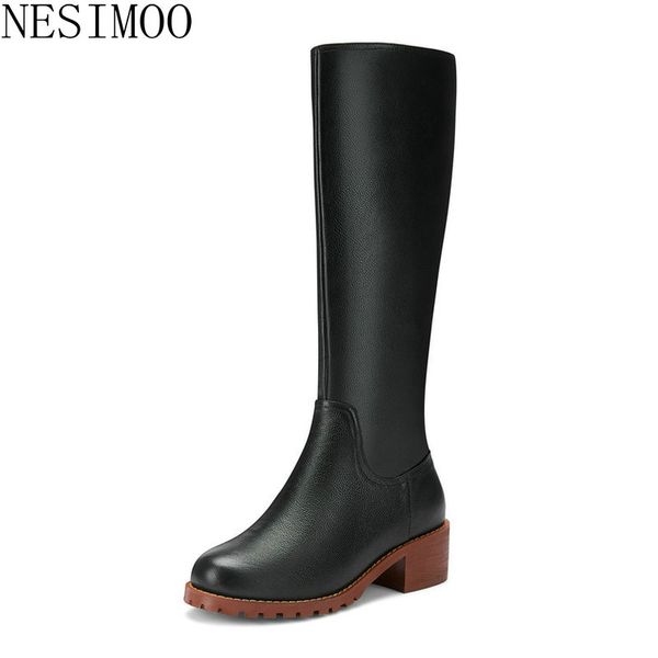

nesimoo 2019 fashion women boots round toe basic all match genuine leather square med heel basic zipper ladies shoes size 35-43, Black