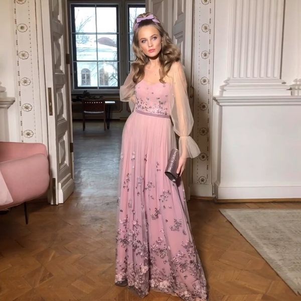 

stylish appliqued prom dresses sheer bateau neck long sleeves evening gowns a line floor length tulle formal dress, Black