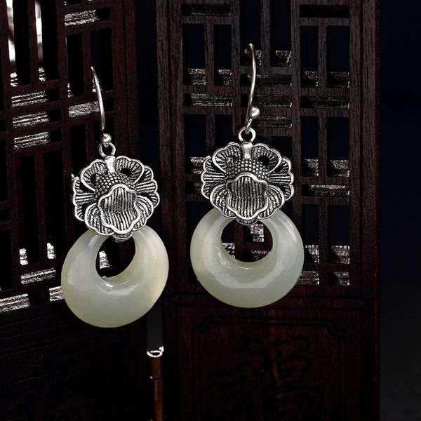 

2018 rushed earings fashion jewelry new s925 pure antique mosaic and tian yu jade lotus buckle lady earrings wholesale, Golden;silver