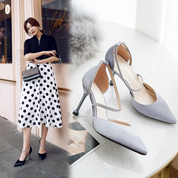 

fine heeled shoes slip om sandals ladies gold lace up heels branded pumps pointed wedge shallow mouth hollow all-match high, Black