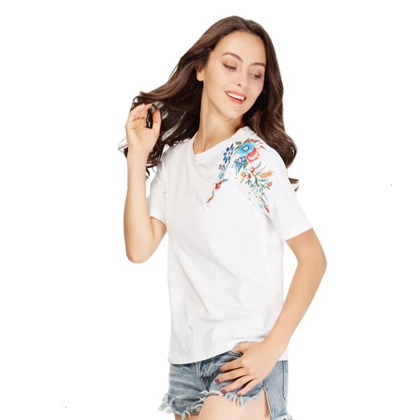

womens women tshirt women sweet flower embroidery short sleeve o neck fashion tees ladies streetwear casual camiseta dt967, White