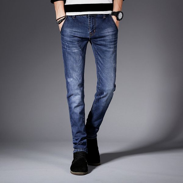 

men's skinny jeans 2019 spring fashion youth solid color slim fit ripped stretch mid waist straight jeans plus size, Blue