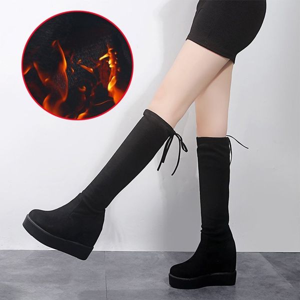 

2019 women's winter knee high boots woman height increasing ladies suede lace up platform fashion female thick heel shoes new, Black