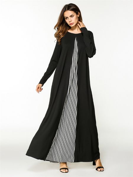 

large size a line women's striped dresses patchwork black casual muslim dubai abaya arabic long-sleeved turkish moroccan dress, Red