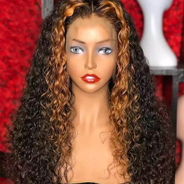 

deep curly 250 density lace front human hair wig highlight colored hair honey blonde pre plucked peruvian dolago wigs, Black;brown