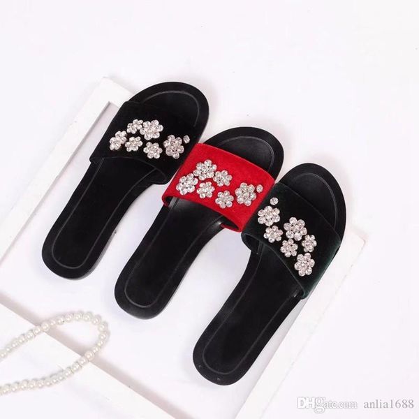 

womens fashion velvet rhinestones black slide sandals girls causal beach slippers flip flops size euro 35-43