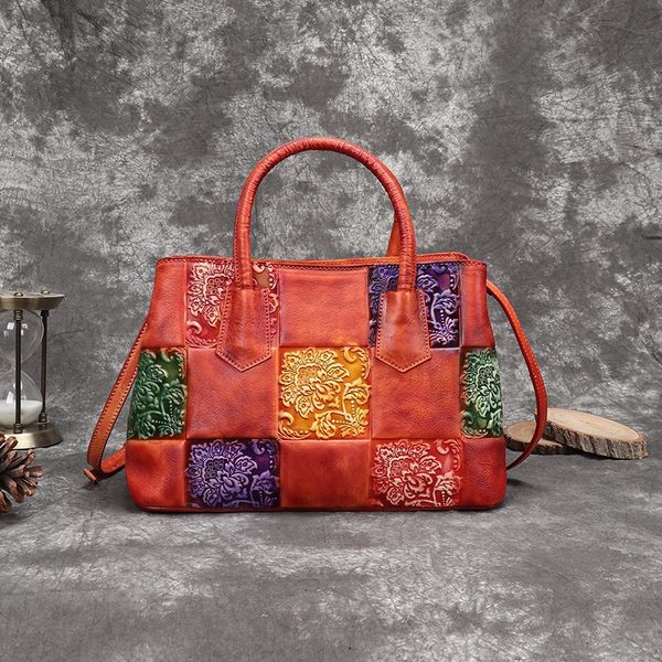 

hand-rub color stereo relief retro women's bag first layer leather bag women's hand tote
