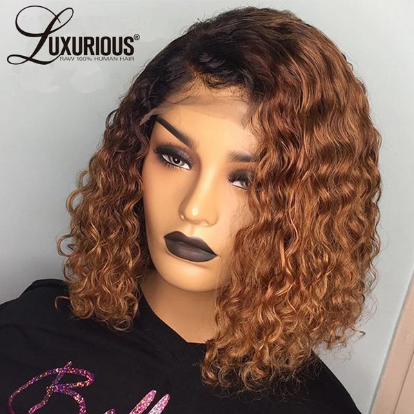 

1b/27 ombre human hair wig pre plucked 13x6 lace front human hair wigs for women brazilian remy curly bob wig bleached knots, Black;brown