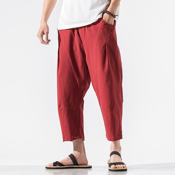 

2020 chinese style men linen harem pants men red sweatpants cross pants summer male loose elastic waist cotton trousers m-5xl, Black