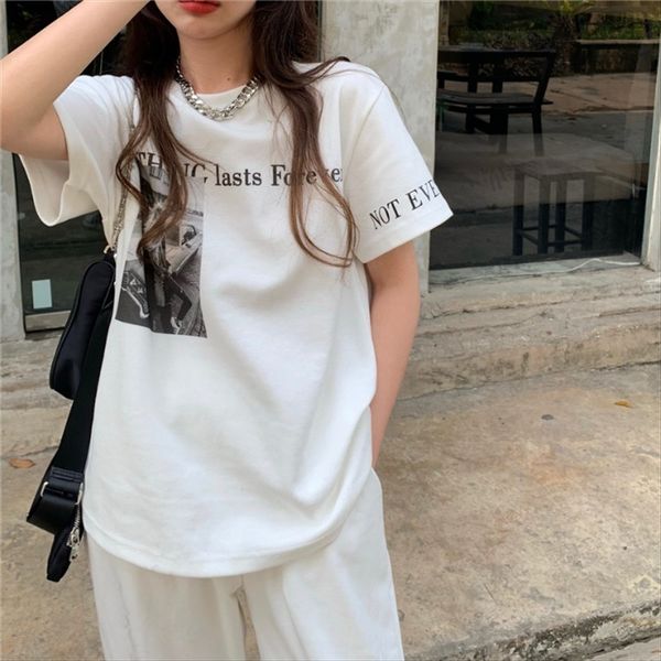 

loose printed round neck casual simple short-sleeved women's loose printed women's t-shirt round neck casual simple short-sleeved, White