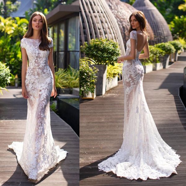 2020 Millanova semplici abiti da sposa a sirena con treno staccabile gioiello appliques abiti da sposa in pizzo sweep treno abiti da sposa