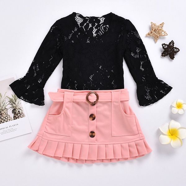 

1 set summer girl solid color outfits set girls flare sleeve lace blouse skirt casual outfits sets, White
