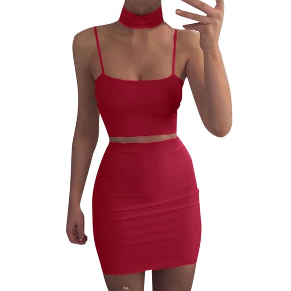 

youyedian women summer sleepwear female two piece set crop and skirts waist bodycon nightwear#y30, Black;red