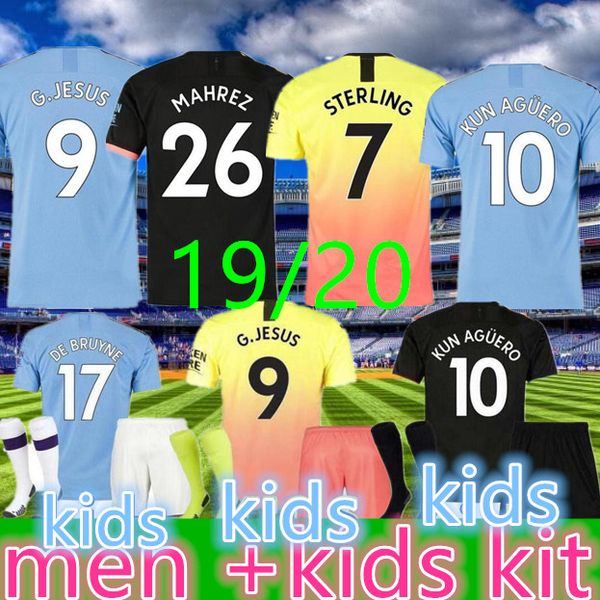 

top manchester men детский комплект 2019 2020 футбол mahrez jesus ​​de bruyne человек aguero sane city футбол джерси 19 20 комплектов для фу, Black;yellow