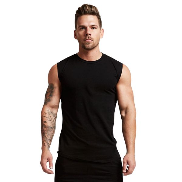 

fashion fitness training men's t-shirt sleeveless pure color casual t-shirt for men cotton sports fitness t-shirt 4colors, White;black