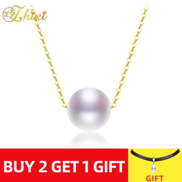 

zhixi] natura pearl jewelry pearl charms ,au750 18k yellow gold chain8-9mm round pendant necklace n02, Silver