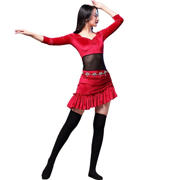 

fashion women belly dance dress korean velvet stitching bellydance practice dance wear bollywood gypsy dancing outfits dc1288, Black;red