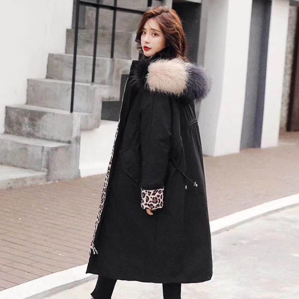 

natural raccoon fur collar hooded 90% white duck down coat leopard female parka winter women down jacket thicken warm long coat, Black