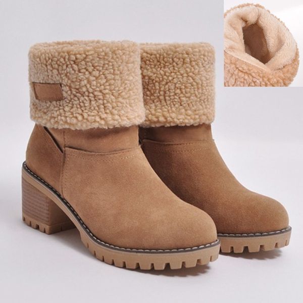 

2020 women winter snow warm boots 6cm high heels fur felt platform sheep boots block low heels plush ankle booties chunky shoes, Black