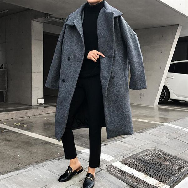 

2019 winter casual black/grey overcoat windbreaker men's fashion trend wool blend thicken parkas loose cashmere long coats