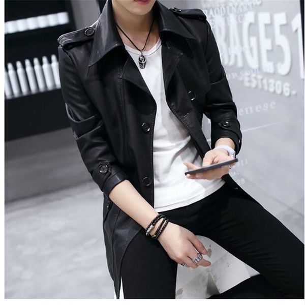 

2018 autumn england style fashion men leather leather coat . high-quality brand men's fashion lapel men's casual trench, Tan;black
