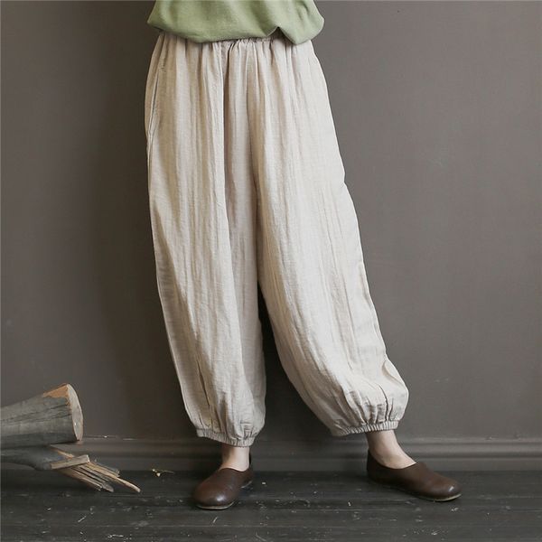 

ankle-length pants casual loose mid elastic waist solid pleated harem pants cotton linen spring/summer women, Red