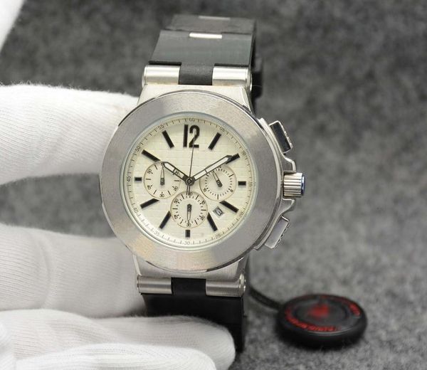 

exquisite men watch 42mm quartz chronograph mens wristwatch watches rubber strap solid case back arabic numeral hour markers white bezel, Slivery;brown