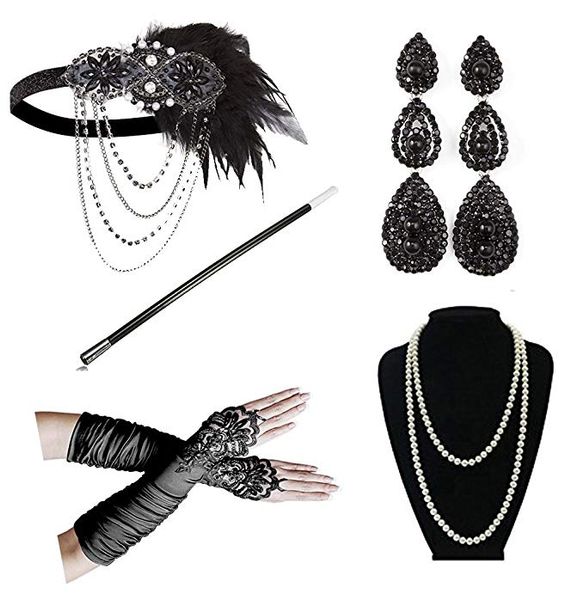 

1920 women's vintage gatsby feather headbands flapper costume accessory cigarette holder pearl necklace gloves set hair, Silver