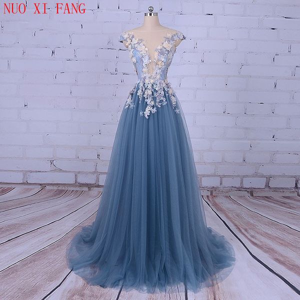 

party evening dress for woman scoop a-line decorated with flower tull blue prom dress for graduation vestido de festa 2020, White;black