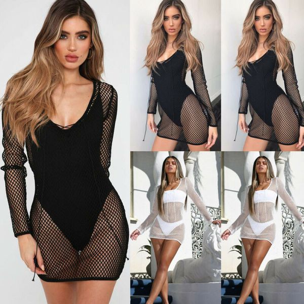 

2019 fashion summer women' sheer solid long sleeve mesh bikini short cover up swimwear swimsuit bathing beach dress, Blue;gray