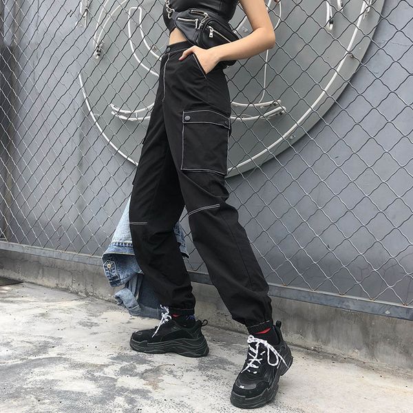 

конструктор sweatpants женские брюки женщины карманы лоскутная штанах черный высокой талией брюки женщин плиссированные брюки карандаш перев, Black;white