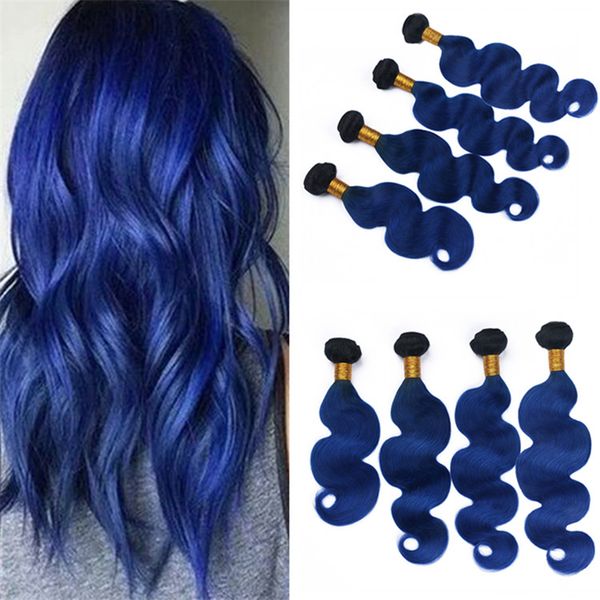 Black Roots Blue Ombre Indian Body Wave Hair Weave 4 Bundles 1b