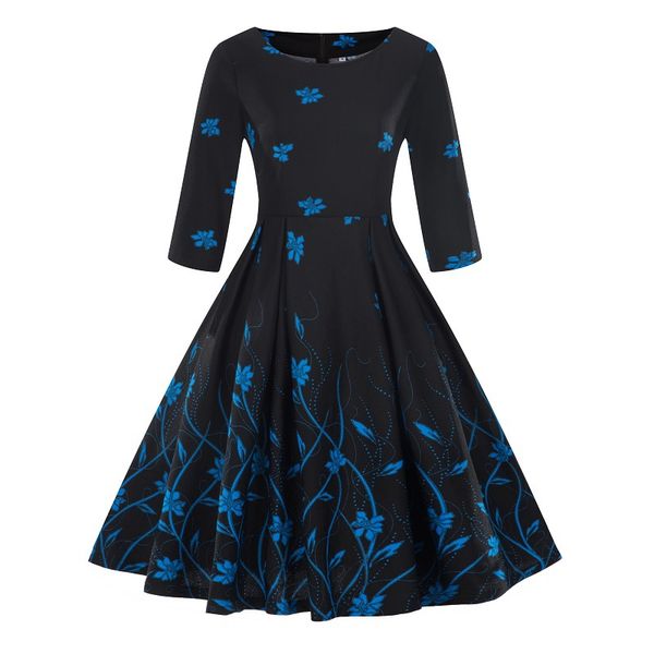 

2019 new seven-point sleeve dress positioning flower large size big pendulum women multi-color multi-code;women's autumn and cold dress, Black;gray
