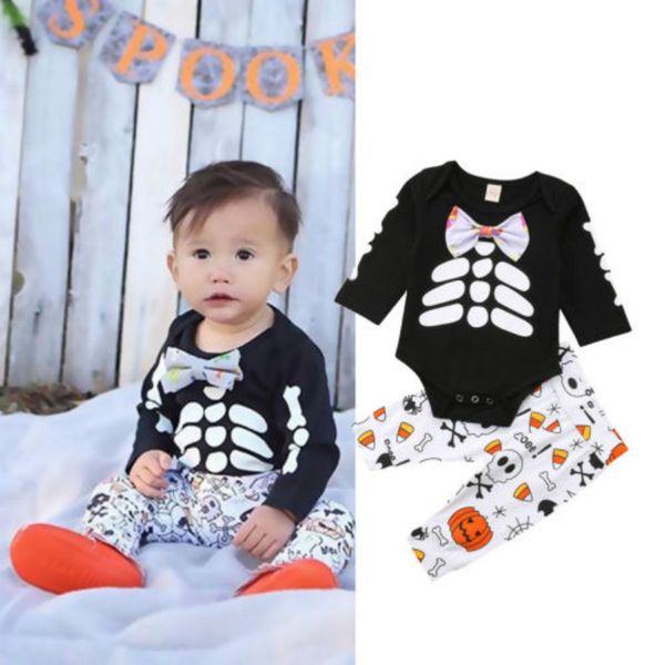 

newborn baby boy halloween dress set bone print long sleeve romper cartoon pants 2pcs infant boy party suit, Pink;blue