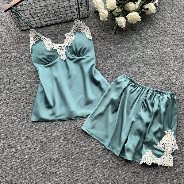 

2019 new with chest pad spaghetti strap women pajamas lace pyjama shorts twinset lingerie, Black;red