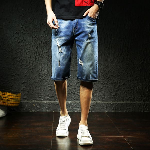 

summer fashion youth thin with holes capri jeans men's high-waisted loose-fit shorts trend in pants 32-48, Blue