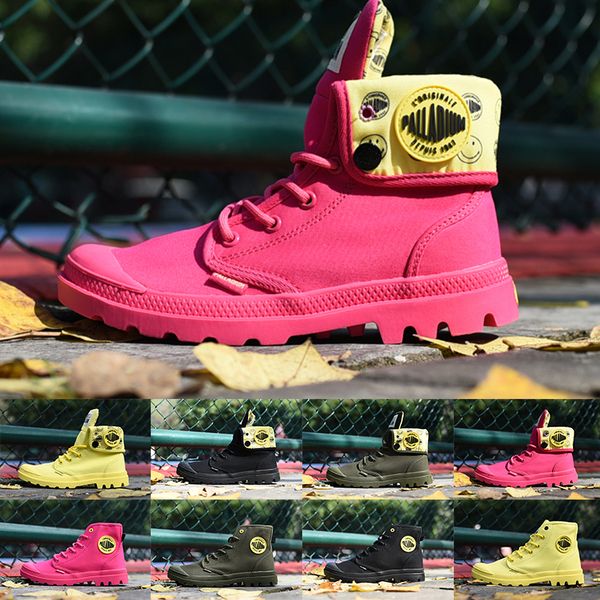 

new palladium smiling face designer outdoor sport shoe yellow red black army green woman mens luxury fashion canvas boots hiking walking