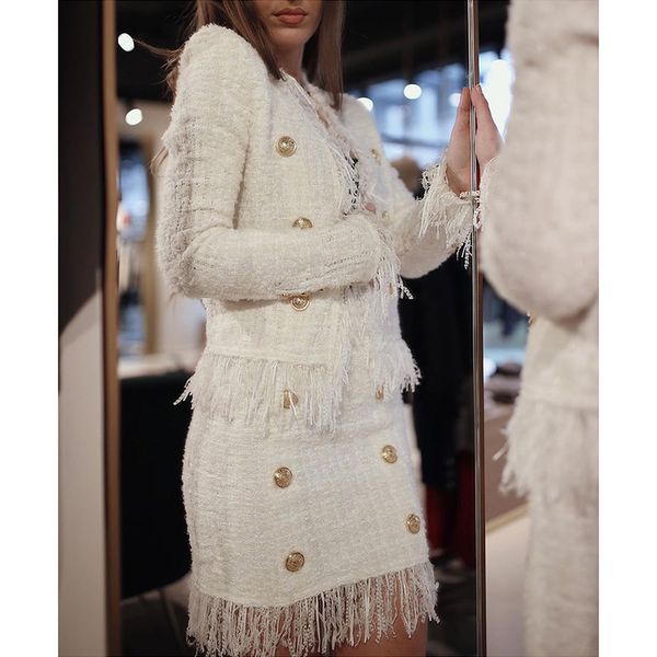 

2019 new autumn style white color women's long sleeve double button slim coat tassel fashion jacket quality, Black;brown
