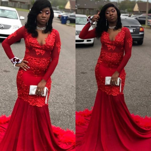 

красные кружевные вечерние платья с v-образным вырезом с длинными рукавами кружевные аппликации русалка пром платья на заказ sweep train плю, Black;red
