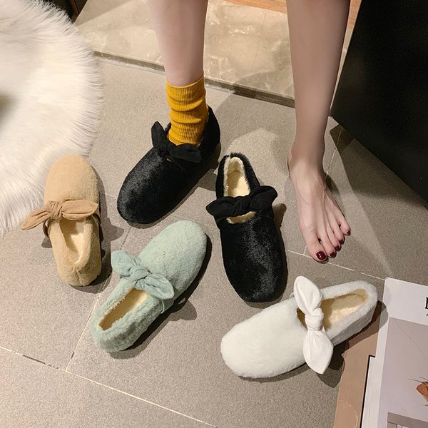 

2019 fashion women's moccasin shoes flats shallow mouth loafers fur autumn round toe casual female sneakers bow-knot slip-on, Black